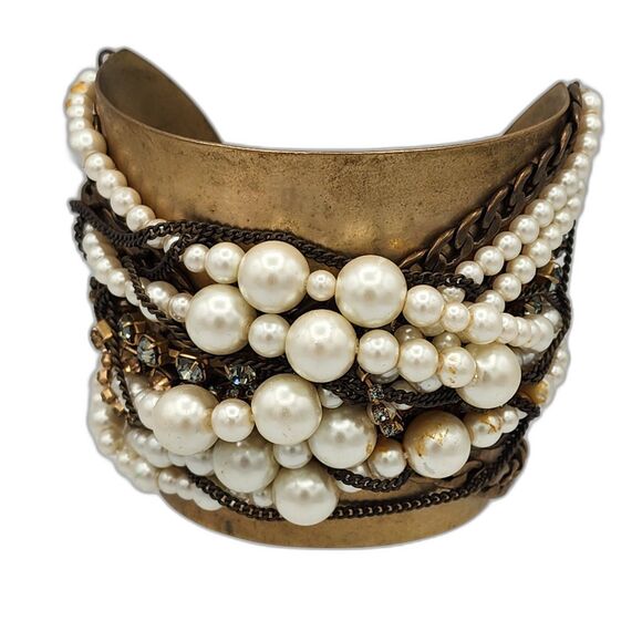 VTG Small Brass Cuff Mixed Metals Pearls Rhinestones  Brutalist Bracelet Bangle - Picture 1 of 9